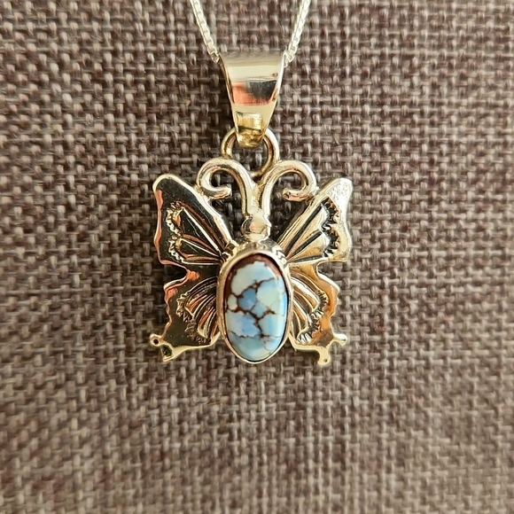 Beautiful Native American  Golden Hills Turquoise Butterfly Pendant & Chain - Picture 3 of 8